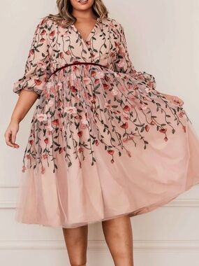 JessaKae Blush Pink Floral Embroidered V-Neck Midi Dress